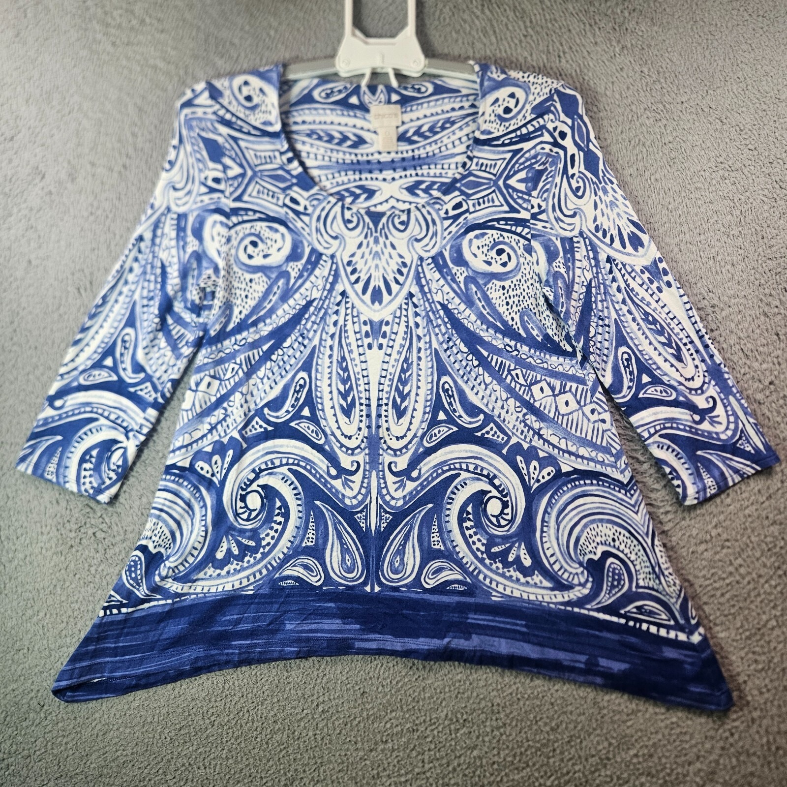 Chico's Top Women Size 0 Paisley Print 3/4 Sleeve White Blue Stretch